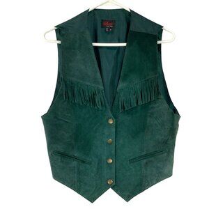 David New York Green Sleeveless Button Up V-Neck Leather Vest Size M Fringe